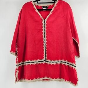 Tru Luxe Jeans Red Linen Tunic Top Crochet Trim Size L Office Casual Coastal